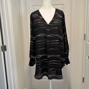 NEVER WORN: Flowing, comfortable black blouse w/ colorful horizontal lines. XXL.
